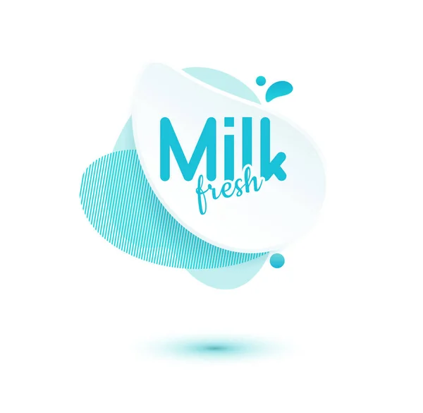 Badge latte ed etichette da latte con spruzzi e bulloni. Badge al latte con gocce e spruzzi per etichette di confezione. Forme di ameba liquide. — Vettoriale Stock