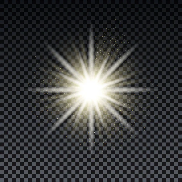 Éclat doré avec des rayons scintillants et effet fusée éclairante. Des étoiles brillantes. Lumières de bokeh à paillettes dorées et éclatement de particules de poussière magiques. Illustration vectorielle . — Image vectorielle