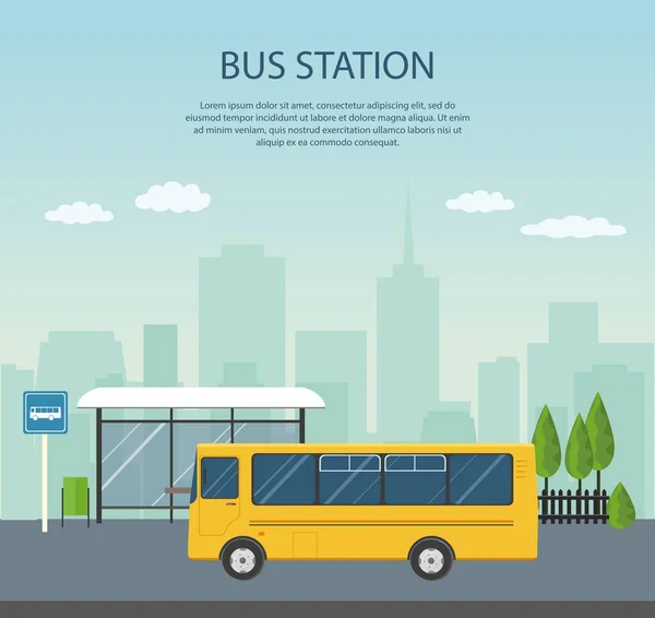 Λεωφορείο στη στάση του λεωφορείου στο παρασκήνιο της πόλης. Ιδέα της μεταφοράς των επιβατικών συγκοινωνιών. — Διανυσματικό Αρχείο