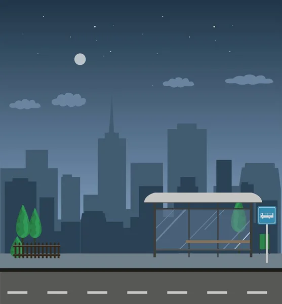 A paragem de autocarro no fundo da cidade noturna. Conceito de transporte de passageiros . —  Vetores de Stock