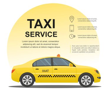 Taksi hizmet anlayışı. Vektör başlık sayfası, poster veya el ilanı arka plan şablonu. 