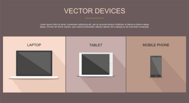 Dizüstü bilgisayar, tablet ve cep telefonu kümesi. Düz vektör cihazları tasarımı.