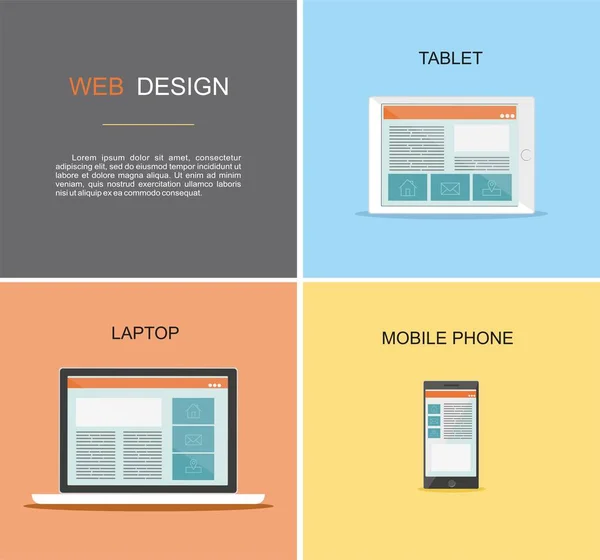レスポンシブ web デザイン。ノート パソコン、タブレット、携帯電話のセット. — ストックベクタ
