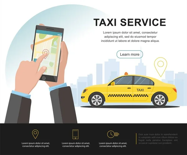 Taxi szolgáltatás fogalmát. Vectorector transzparens, plakát vagy pókháló oldal, háttér sablon. — Stock Vector