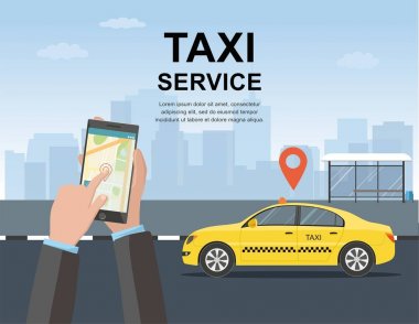 Taksi hizmet anlayışı. Vectorector başlık sayfası, poster veya web sayfası, arka plan şablonu.