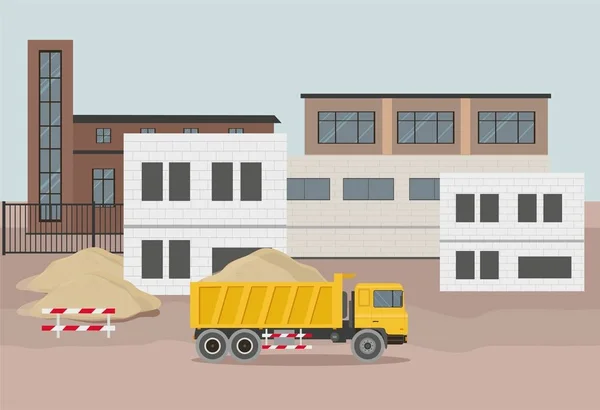Zone industrielle de la construction. Construction spécialisée transport et camion. Illustration plate et colorée . — Image vectorielle