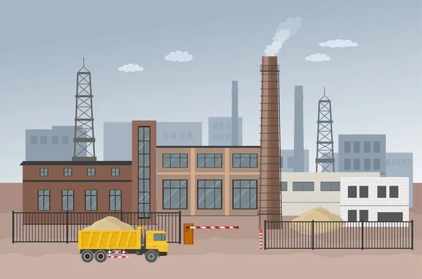 Industriegebiet Für Fabrikbau Bau Spezialisierte Transport Und Lkw Flache Illustration — Stockvektor