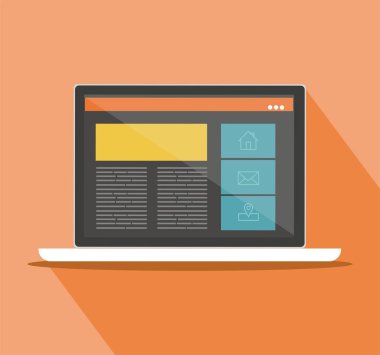 Bir dizüstü bilgisayarda yanıt veren web tasarım. Düz vektör tasarım stil.