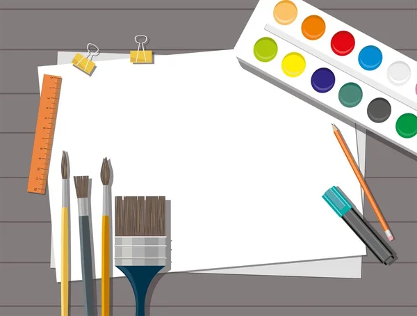Hobi Boyalar Fırçalar Kalem Kalem Kağıt Okula Dönüş Ahşap Arka — Stok Vektör