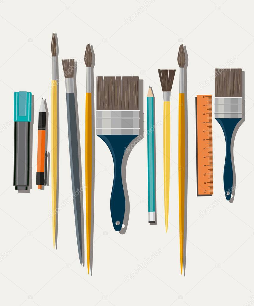 Set of paint brush on white background. Different models of brushes for painting isolated. Flat vector design.