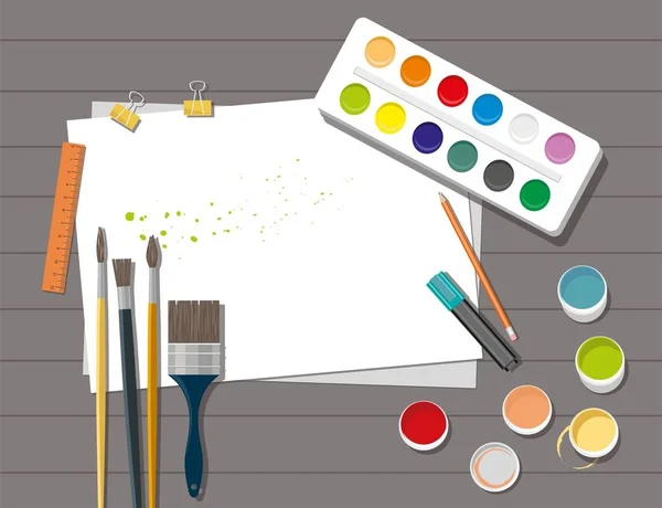 Paints Brushes Pencils Pen Paper Back School Hobby Wooden Background — Stock Vector