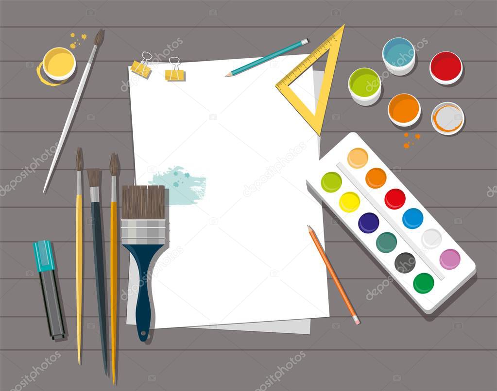 Hobby. Paints, brushes, pencils, pen, paper. Back to school. Wooden background.