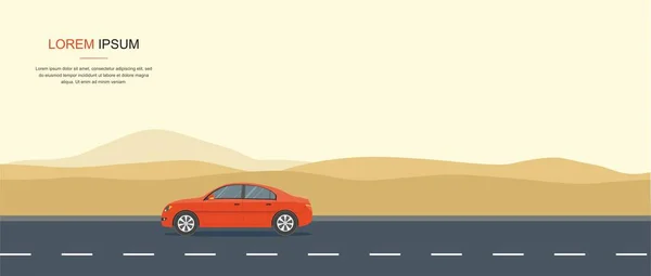 Κόκκινο Αυτοκίνητο Οδήγηση Ένα Δρόμο Στην Έρημο Ενοικίασης Αυτοκινήτων Και — Διανυσματικό Αρχείο