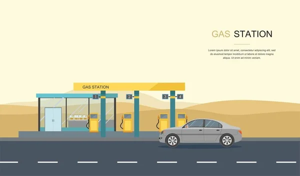 Gray Car Gas Station Desert — Stock Vector