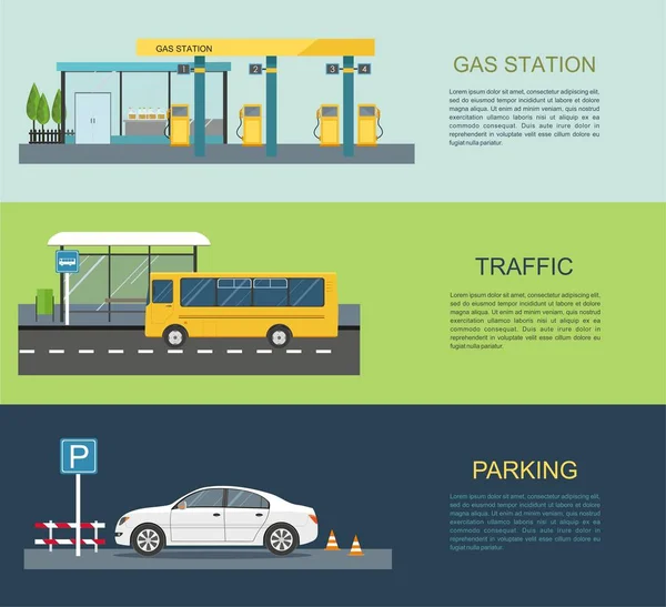 Station Service Arrêt Bus Parking Illustration Vectorielle Plate Infographie Transport — Image vectorielle