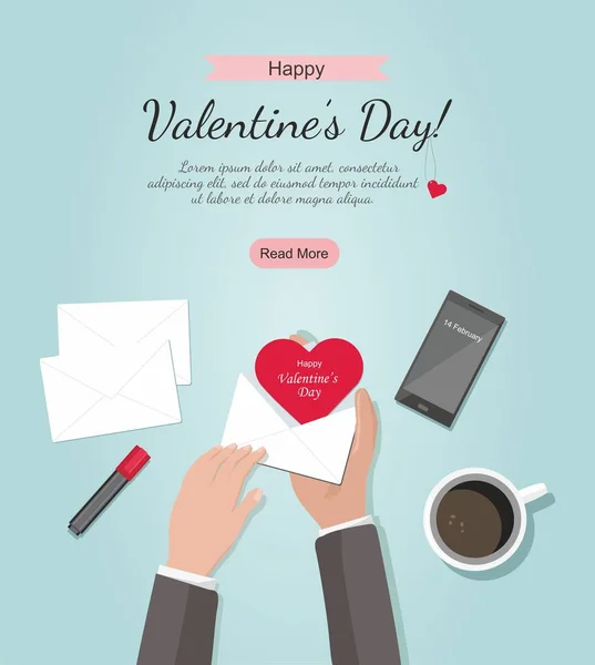 Valentine Dag Samenstelling Man Met Envelop Met Rood Hart Telefoon — Stockvector