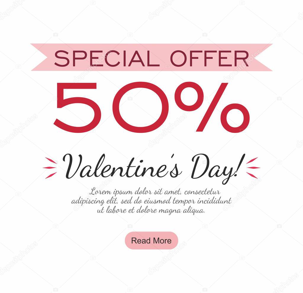 Valentines Day Sale banner Special offer 50% Isolated on White Background