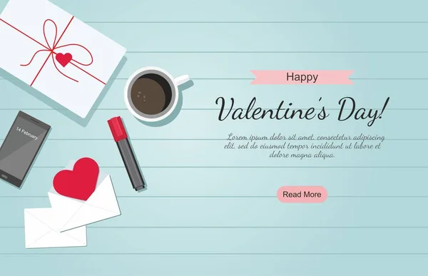 День Святого Валентина Конверт Красным Сердцем Кофе Маркером Подарком Столе — стоковый вектор