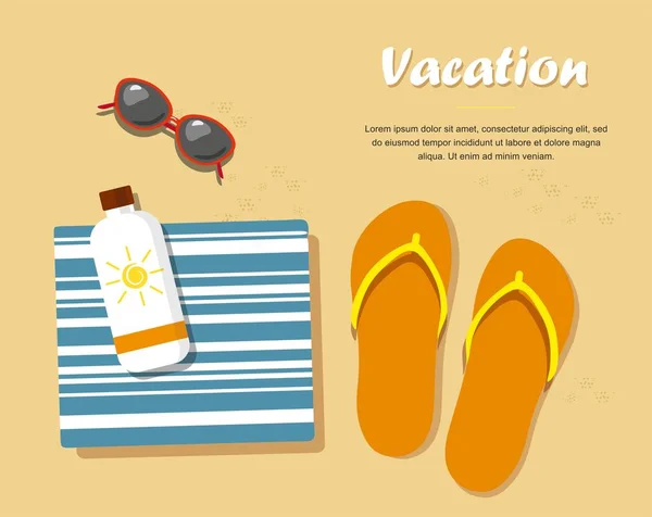 Vacation Flip Flops Sand Towel Sun Glasses Cream Tan — Stock Vector