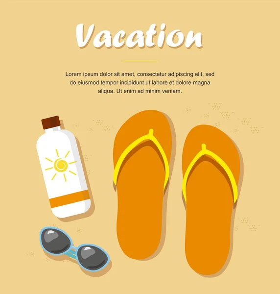 Vacation Flip Flops Sand Sunglasses Cream Tan — Stock Vector
