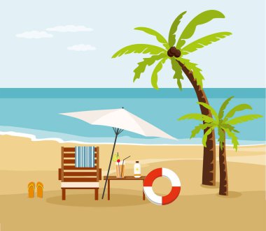 Şezlong ve şemsiye plajda. Yaz tatil ve Turizm
