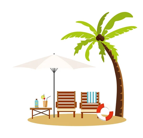 Summer Vacation Tourism Chaise Lounge Umbrella Palm — Stock Vector