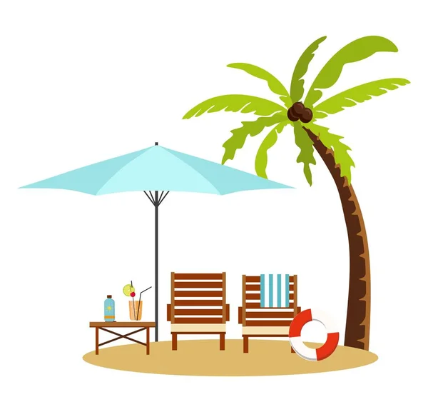 Summer Vacation Tourism Chaise Lounge Umbrella Palm — Stock Vector