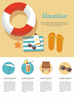Yaz tatil ve Turizm Infographic. Flip-flop havlu, şamandıra, güneş gözlüğü ve diğerleri ile kum