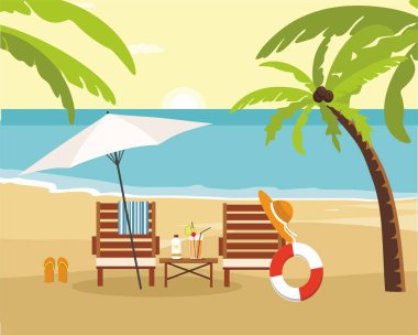 Şezlong ve şemsiye plajda. Yaz tatil ve Turizm
