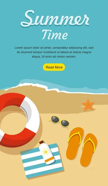 Web Banner Flipflops Sand Mit Handtuch Sonnenbrille Und Anderen — Stockvektor
