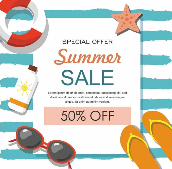 Sommerschlussverkauf Banner Mit Sonnenbrille Rettungsring Und Anderen Vektor Illustrationen — Stockvektor