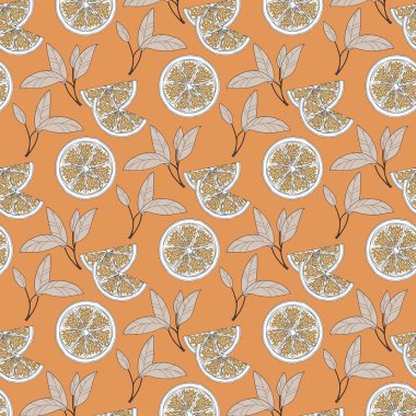 Elle çizilmiş portakal dilimleri üzerinde turuncu arka plan izole yaprakları ile desen