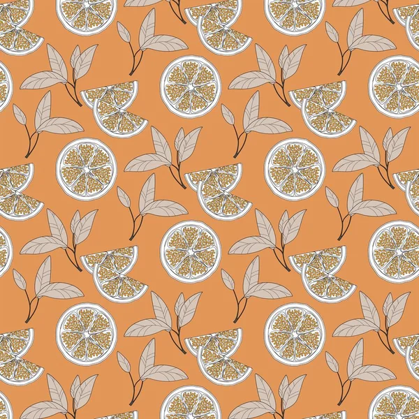 Muster Handgezeichneter Orangenscheiben Mit Blättern Auf Orangefarbenem Hintergrund — Stockvektor
