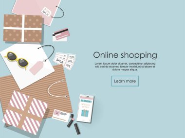 Online alışveriş. Arka plan alışveriş torbaları ve diğerleri mavi izole vektör Illusrtation