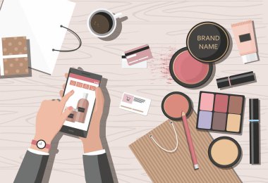 Make-up products on the table. Online beauty shop. Vector Illusrtation clipart