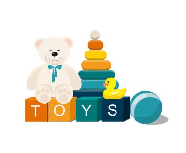  Clorful çocuklar oyuncak. Oyuncak ayı, ahşap oyuncak tren, piramit ve diğer