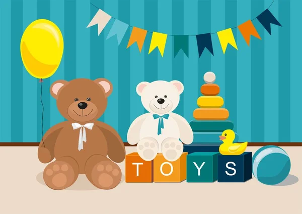 Clorosos Brinquedos Para Crianças Urso Pelúcia Trem Brinquedo Madeira Pirâmide — Vetor de Stock