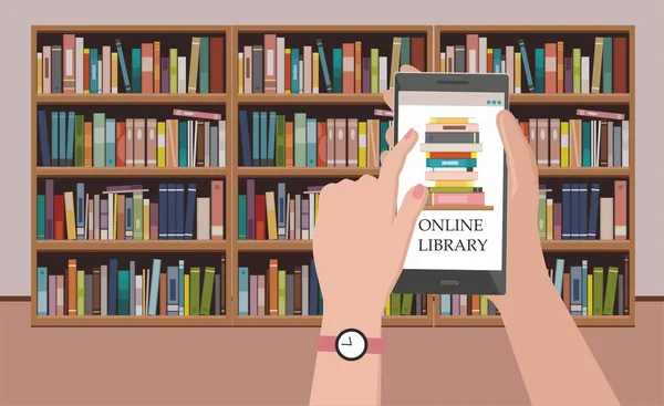 Telefon Ekranında Bookshelf Arka Plan Online Kütüphane Eğitim Kavramı Kitapları — Stok Vektör