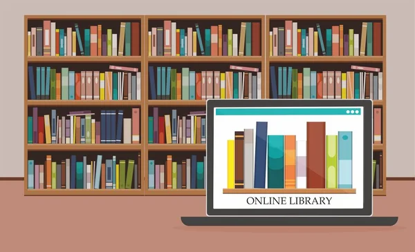 本棚の背景 図書館教育の概念をコンピューターの画面上の本と Bookshelve — ストックベクタ