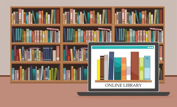  Bookshelve kitapları bilgisayar ekranına bookshelf arka plan, Online Kütüphane eğitim kavramı ile