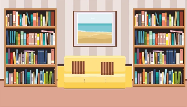 Interior Poster Sofa Pillows Bookshelf Flat Vector Illustration — Stock Vector