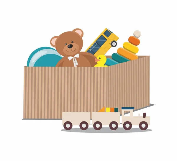 Crianças Brinquedos Conceito Urso Pelúcia Brinquedos Clorful Trem Brinquedo Madeira —  Vetores de Stock