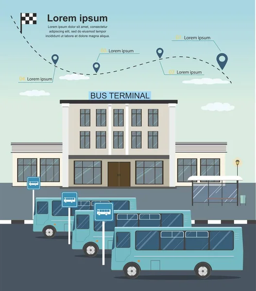 Autobuses Estación Terminal Autobuses Infografías Transporte Ilustración Vectorial Plana — Vector de stock