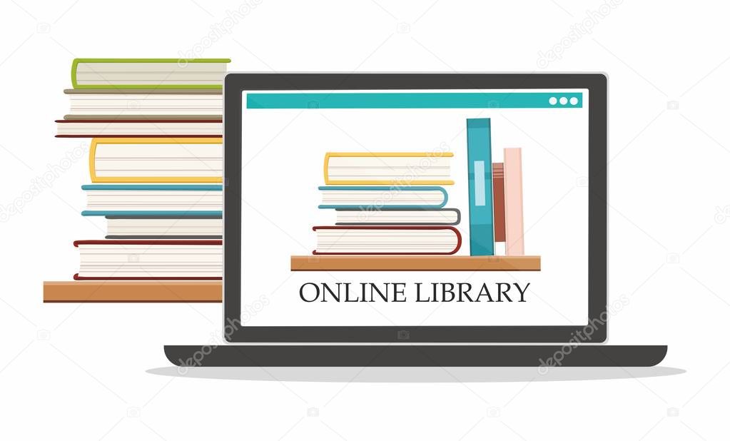 Bookshelve with books and laptop isolated on white Online Library education concept