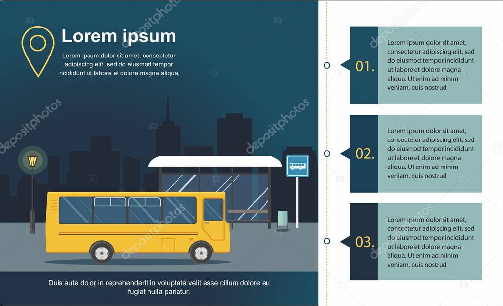 Bus at the bus stop on background of night city. Infographic vector Illuatration