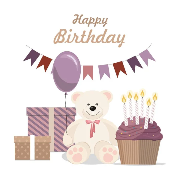 Birthday card with teddy bear, cake and gifts on White Background