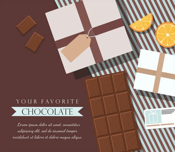 Összetétel csokoládéval és ajándékokkal. Top view, vektor Illusztráció — Stock Vector