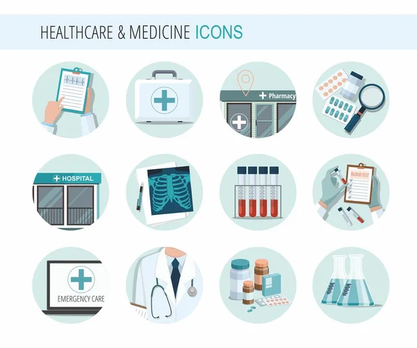 Ensemble d'icônes de la médecine de santé. Outils médicaux et équipement de soins de santé . — Image vectorielle