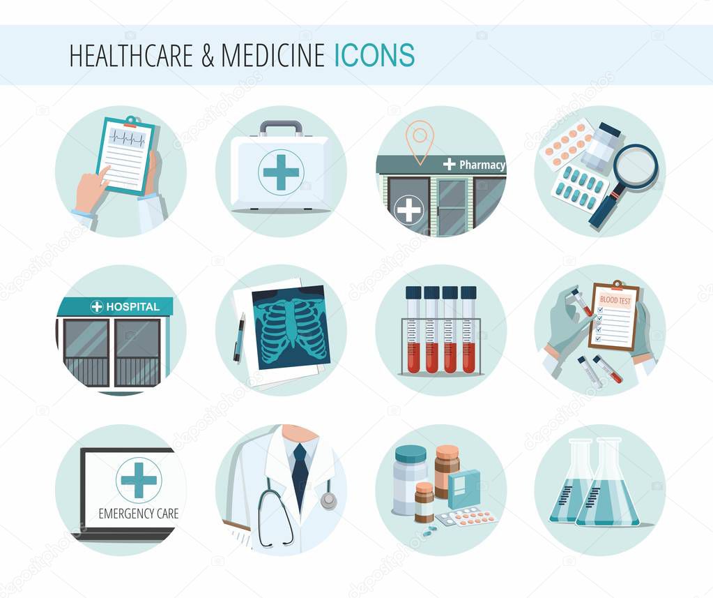 Set of Health Medicine Icons. Medical tools and health care equipment. 