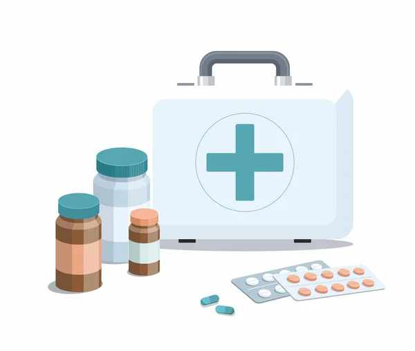 Pilules médicinales et trousse de premiers soins sur blanc. Pharmacie . — Image vectorielle